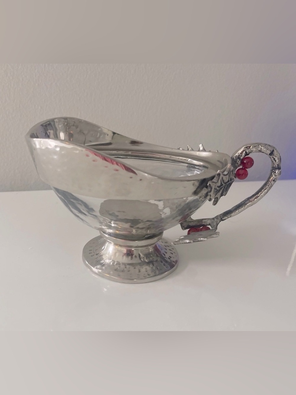 Festive Silver Hammered Gravy Holiday Boat with Red cramberries & leaves Handle